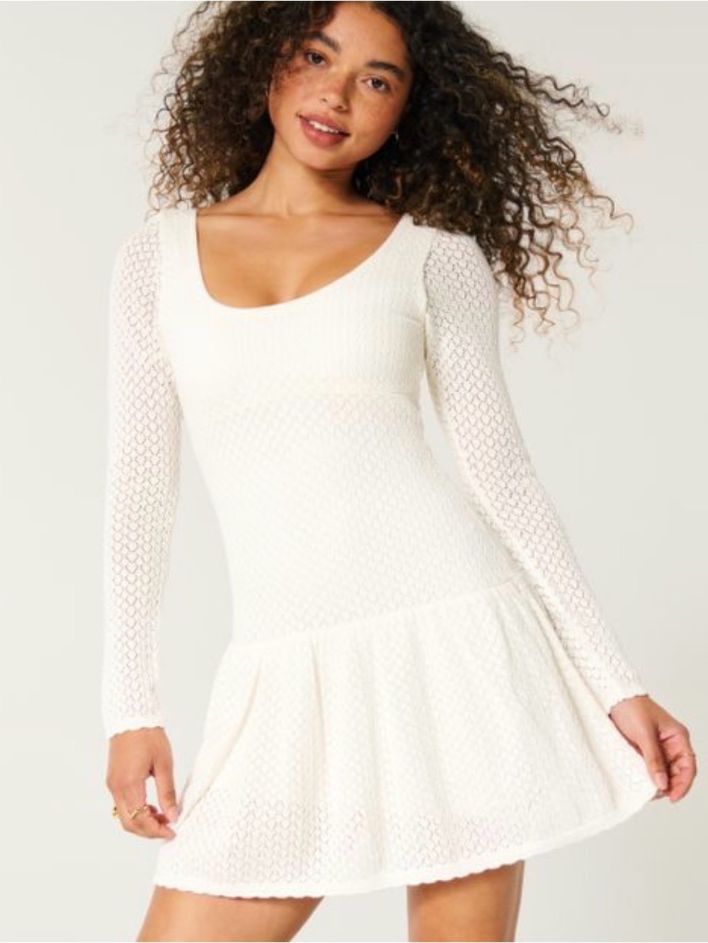 NWT Hollister White Crochet Long Sleeve Mini Skater Dress Size S